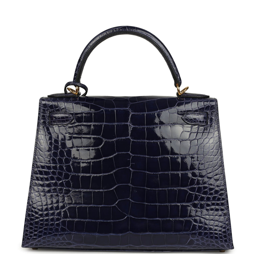 Kelly Sellier 28 Bleu Encre Shiny Alligator Gold Hardware Bag