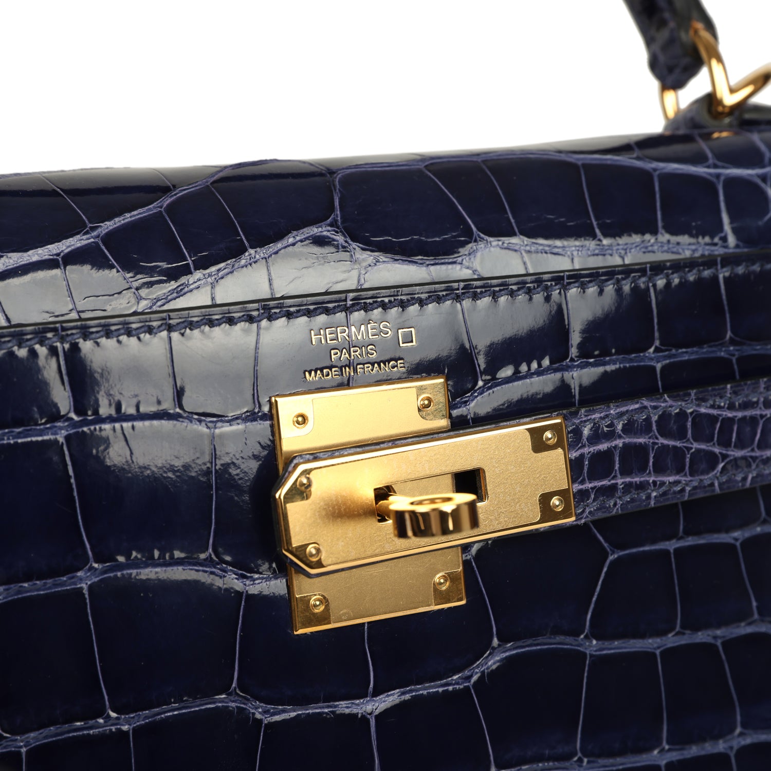 Kelly Sellier 28 Bleu Encre Shiny Alligator Gold Hardware Bag