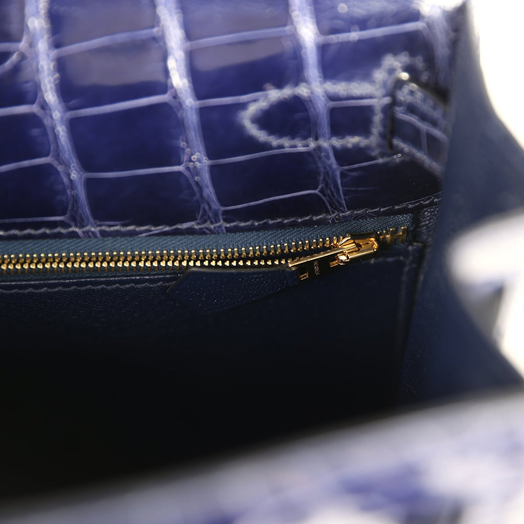 Kelly Sellier 28 Bleu Encre Shiny Alligator Gold Hardware Bag