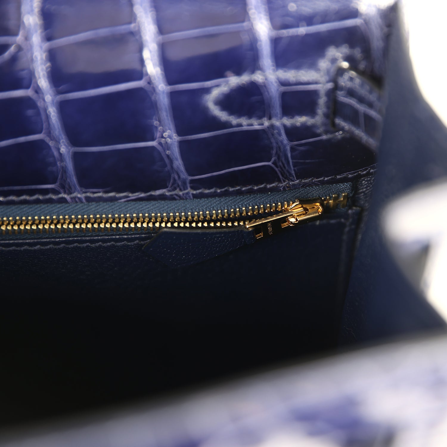 Kelly Sellier 28 Bleu Encre Shiny Alligator Gold Hardware Bag