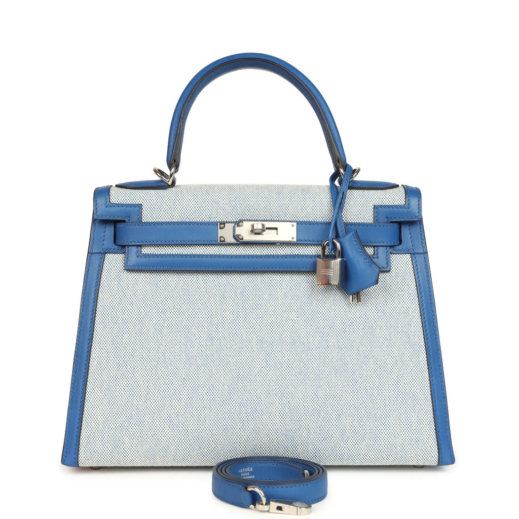 Kelly Sellier 28 Bleu France Swift and Ecru-Bleu Bill Toile H Canvas Palladium Hardware Bag
