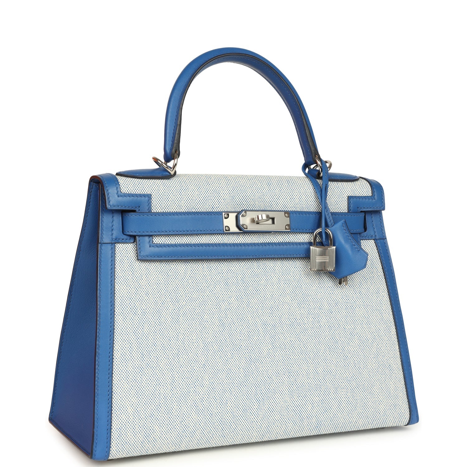 Kelly Sellier 28 Bleu France Swift and Ecru-Bleu Bill Toile H Canvas Palladium Hardware Bag