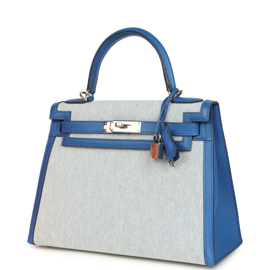 Kelly Sellier 28 Bleu France Swift and Ecru-Bleu Bill Toile H Canvas Palladium Hardware Bag