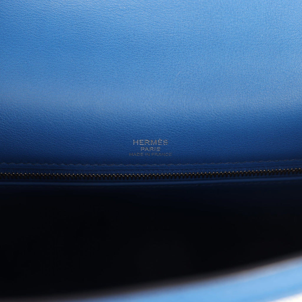 Kelly Sellier 28 Bleu France Swift and Ecru-Bleu Bill Toile H Canvas Palladium Hardware Bag
