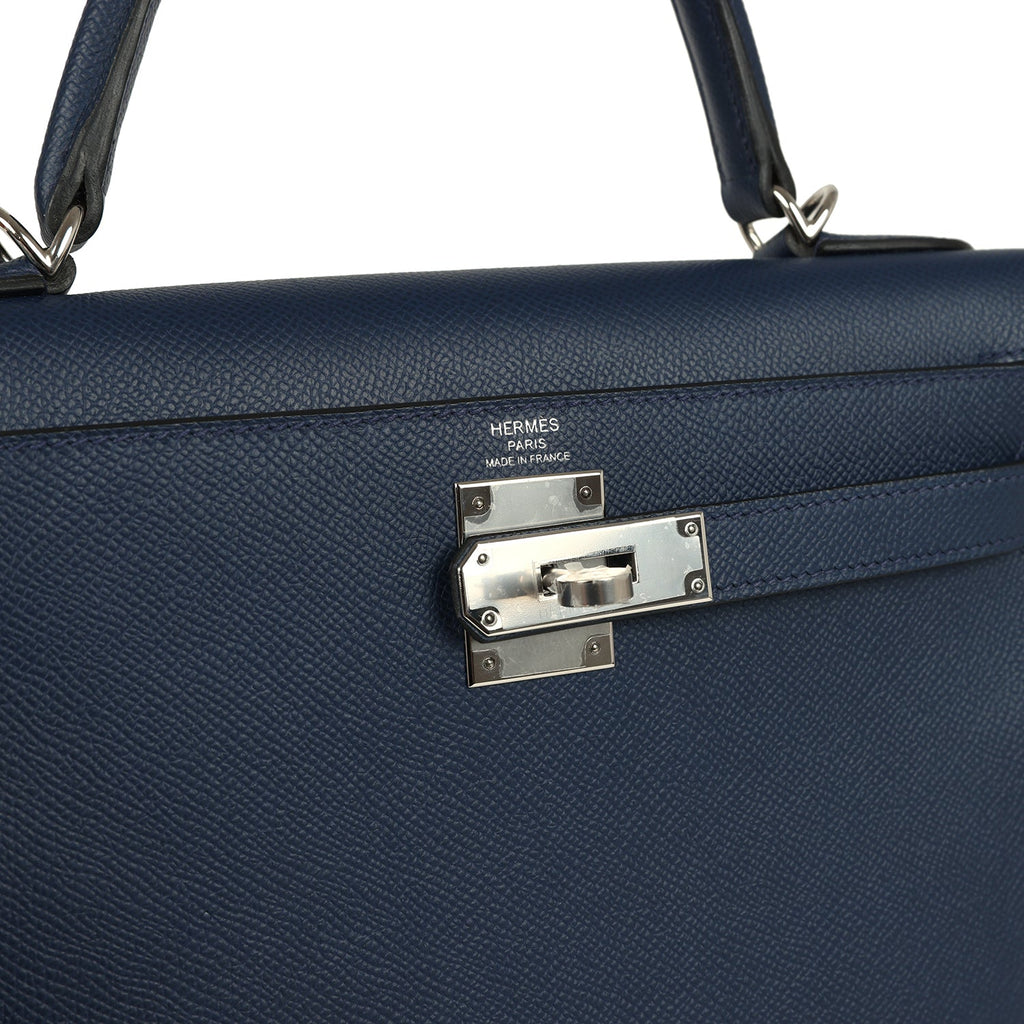 Kelly Sellier 28 Bleu Navy Epsom Palladium Hardware Bag