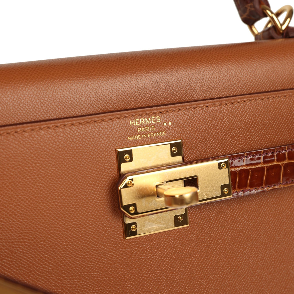 Kelly Sellier 28 Gold Madame and Miel Shiny Niloticus Crocodile Touch Gold Hardware Bag
