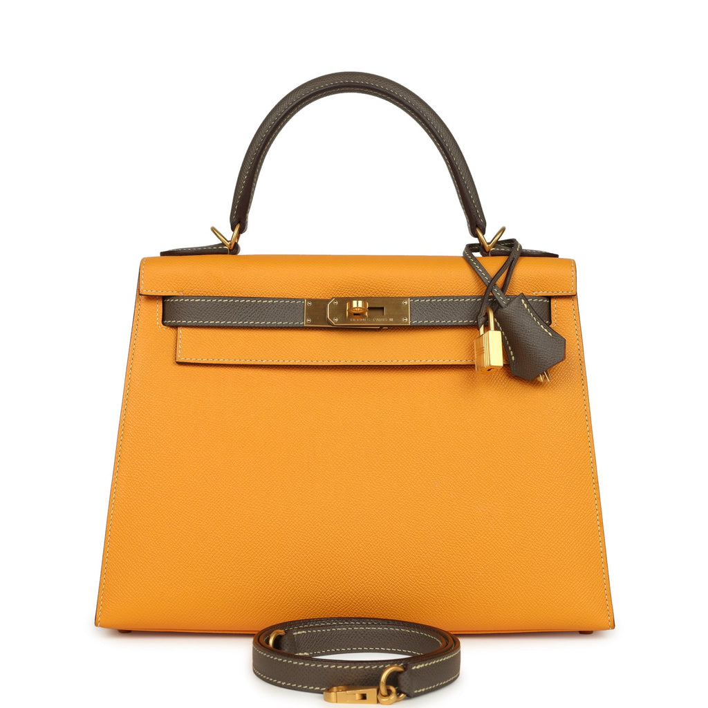 Kelly Sellier 28 Jaune Ambre and Etoupe Epsom Brushed Gold Hardware Bag