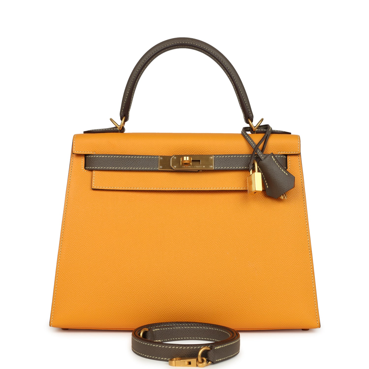 Kelly Sellier 28 Jaune Ambre and Etoupe Epsom Brushed Gold Hardware Bag