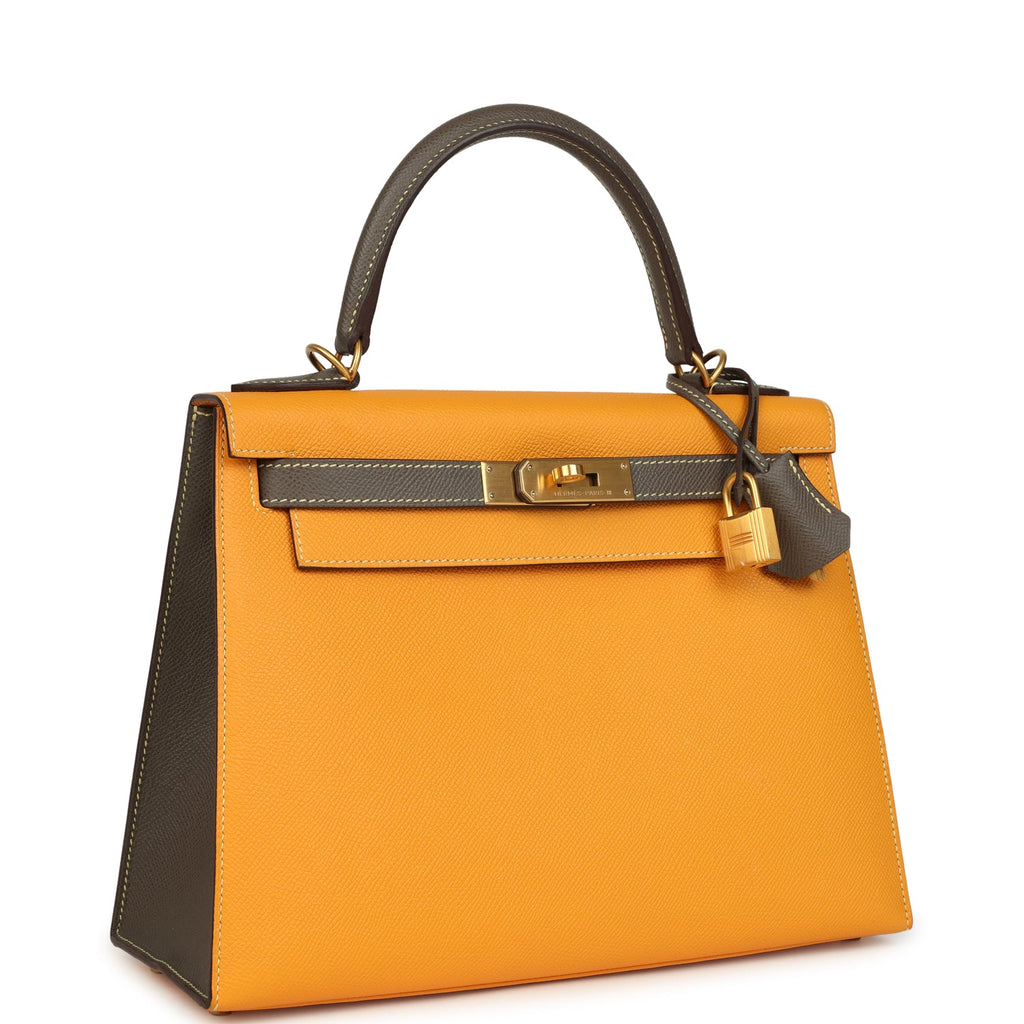 Kelly Sellier 28 Jaune Ambre and Etoupe Epsom Brushed Gold Hardware Bag