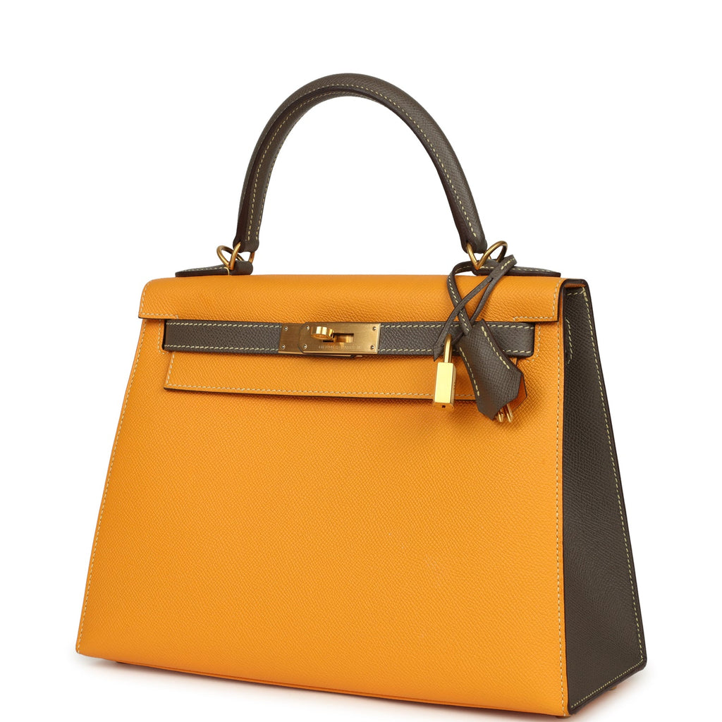 Kelly Sellier 28 Jaune Ambre and Etoupe Epsom Brushed Gold Hardware Bag
