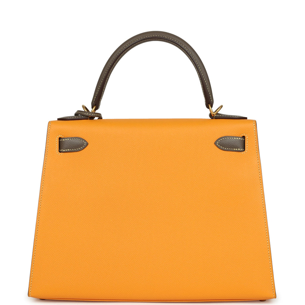 Kelly Sellier 28 Jaune Ambre and Etoupe Epsom Brushed Gold Hardware Bag