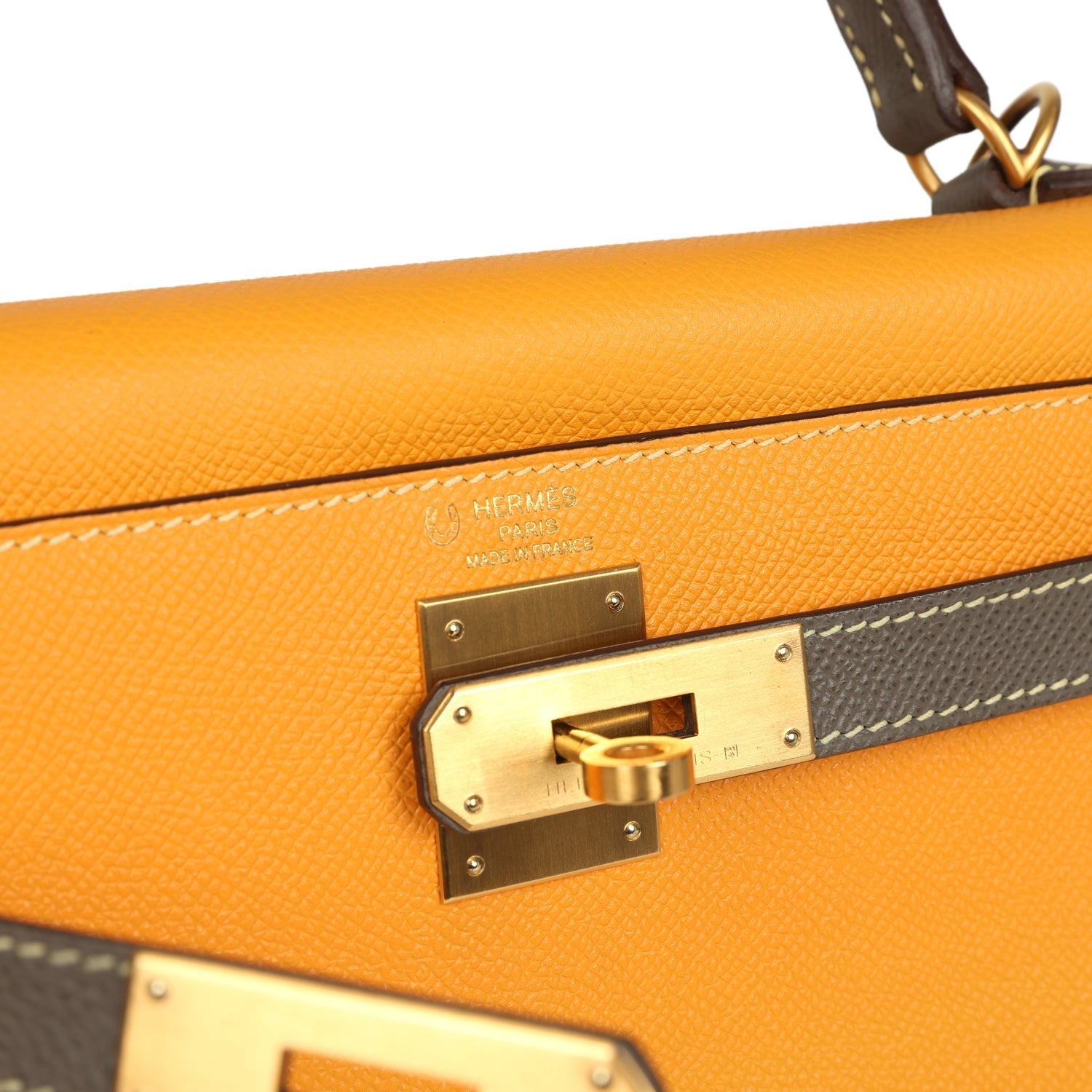 Kelly Sellier 28 Jaune Ambre and Etoupe Epsom Brushed Gold Hardware Bag