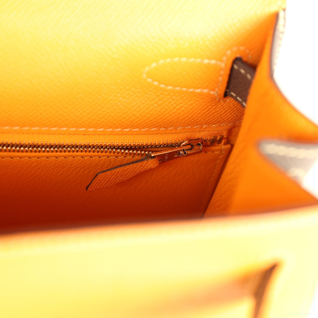 Kelly Sellier 28 Jaune Ambre and Etoupe Epsom Brushed Gold Hardware Bag