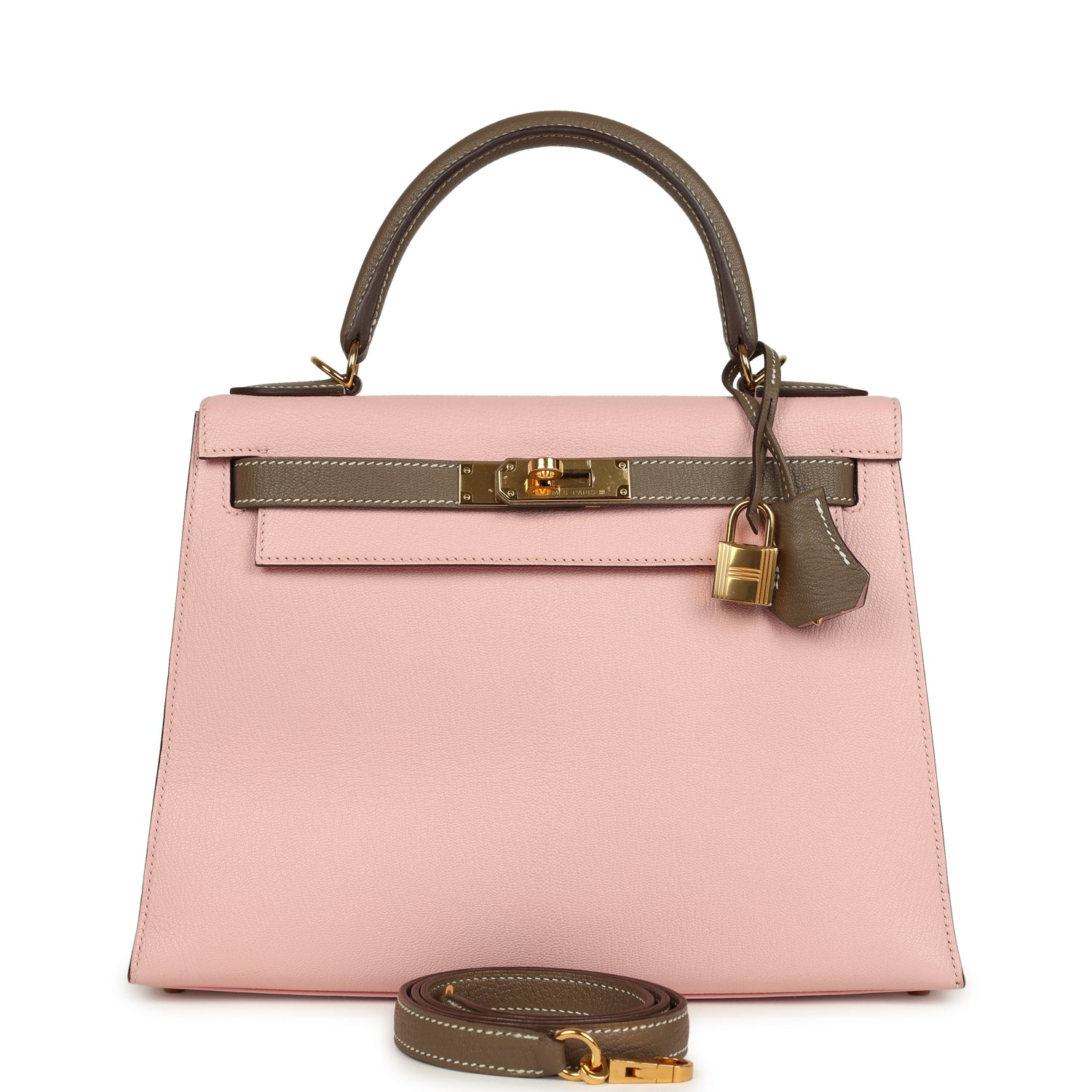 Kelly Sellier 28 Rose Sakura and Etoupe Chevre Gold Hardware Bag