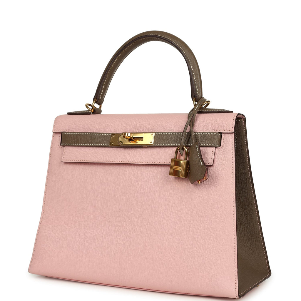 Kelly Sellier 28 Rose Sakura and Etoupe Chevre Gold Hardware Bag