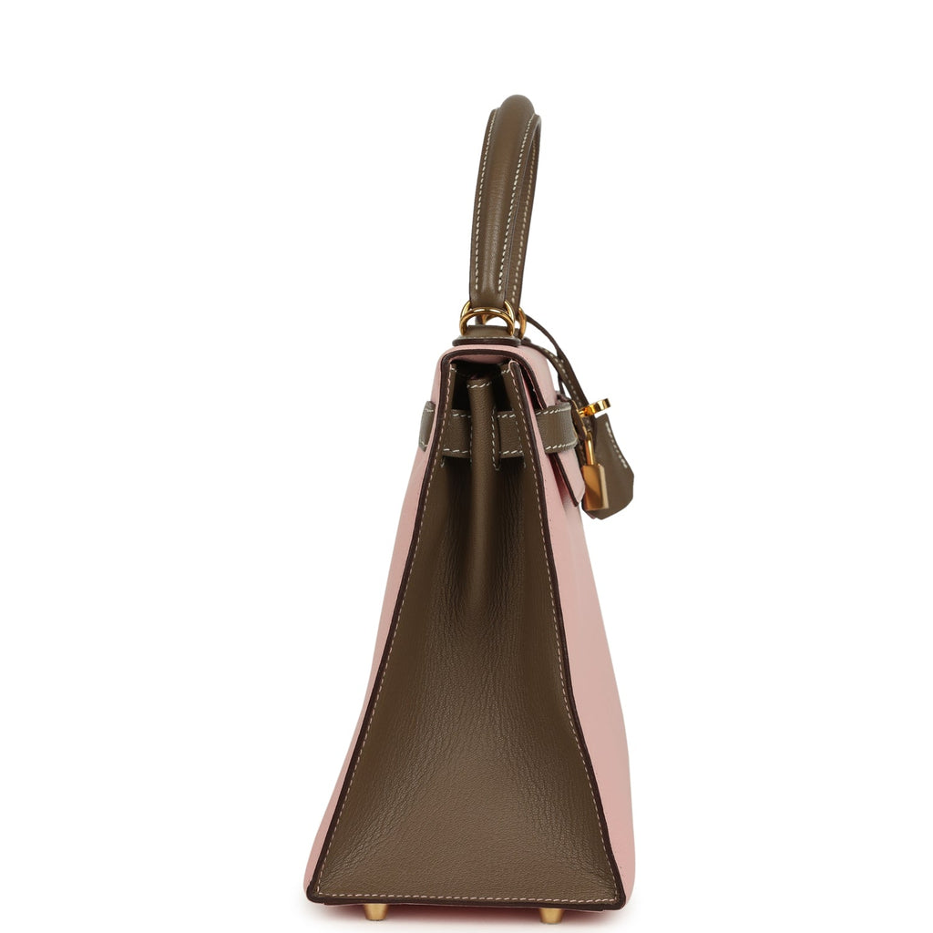 Kelly Sellier 28 Rose Sakura and Etoupe Chevre Gold Hardware Bag