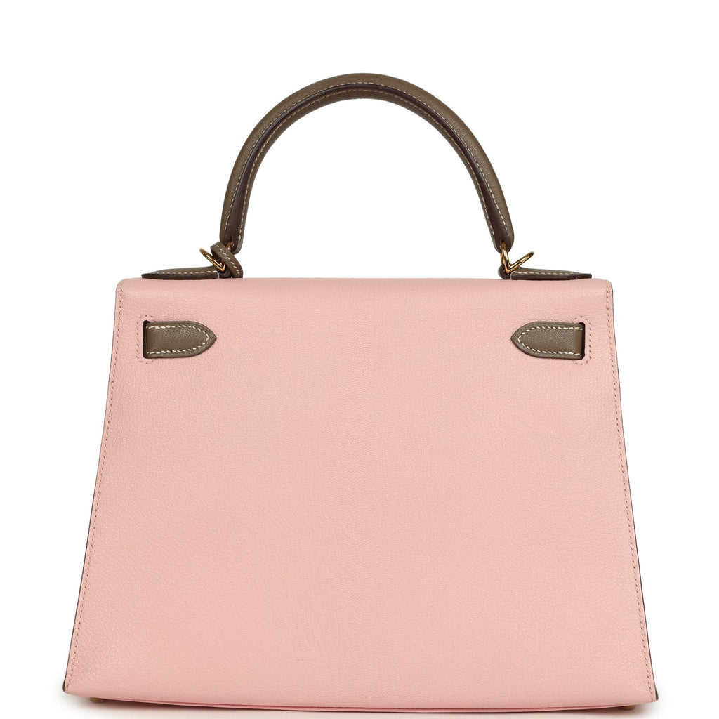 Kelly Sellier 28 Rose Sakura and Etoupe Chevre Gold Hardware Bag