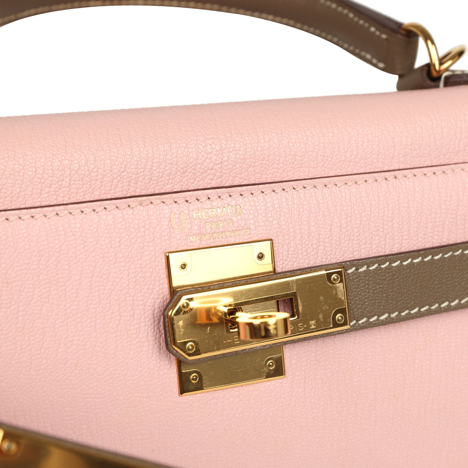 Kelly Sellier 28 Rose Sakura and Etoupe Chevre Gold Hardware Bag