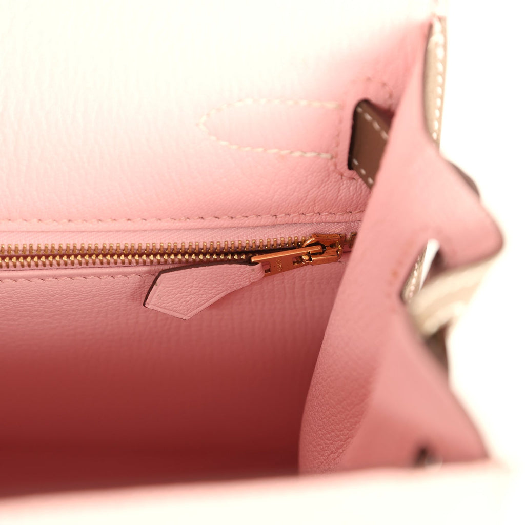 Kelly Sellier 28 Rose Sakura and Etoupe Chevre Gold Hardware Bag