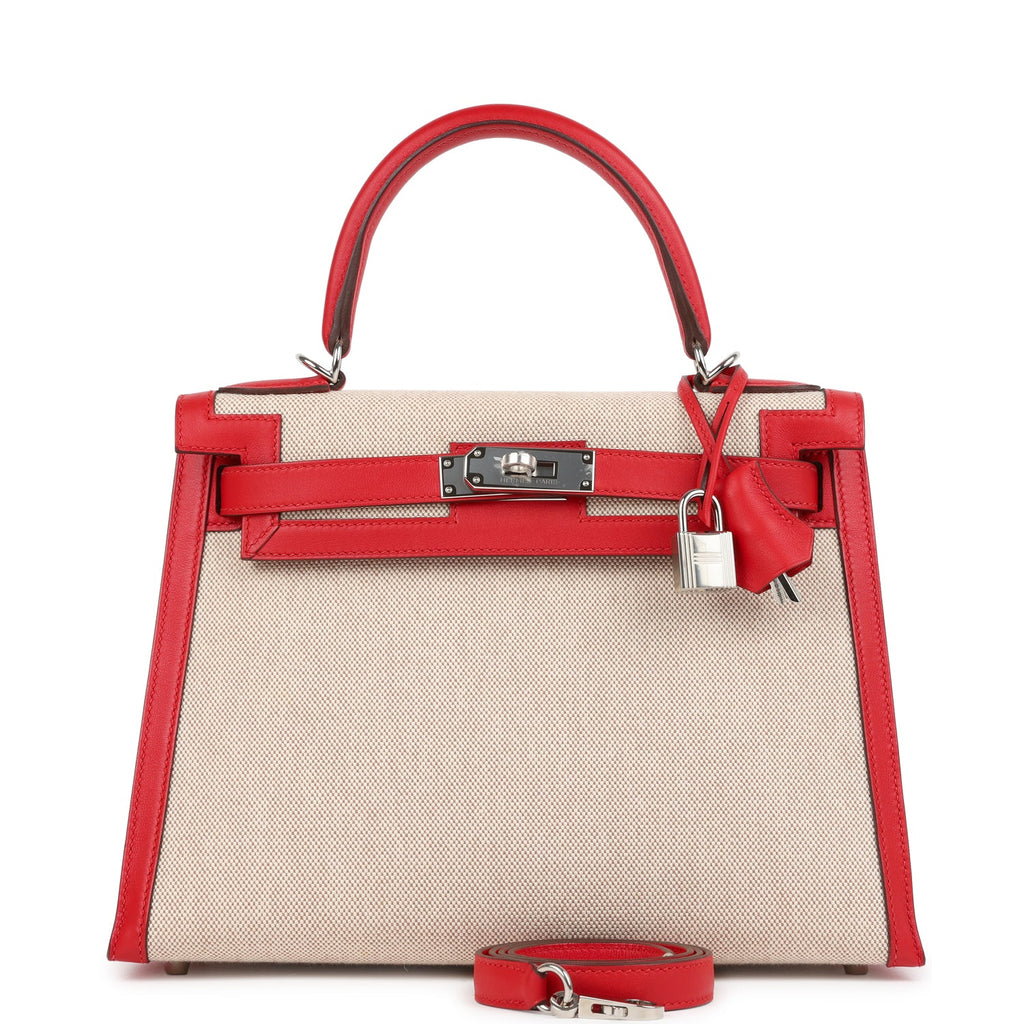 Kelly Sellier 28 Rouge De Coeur Swift and Beige-Ecru Toile H Canvas Palladium Hardware Bag