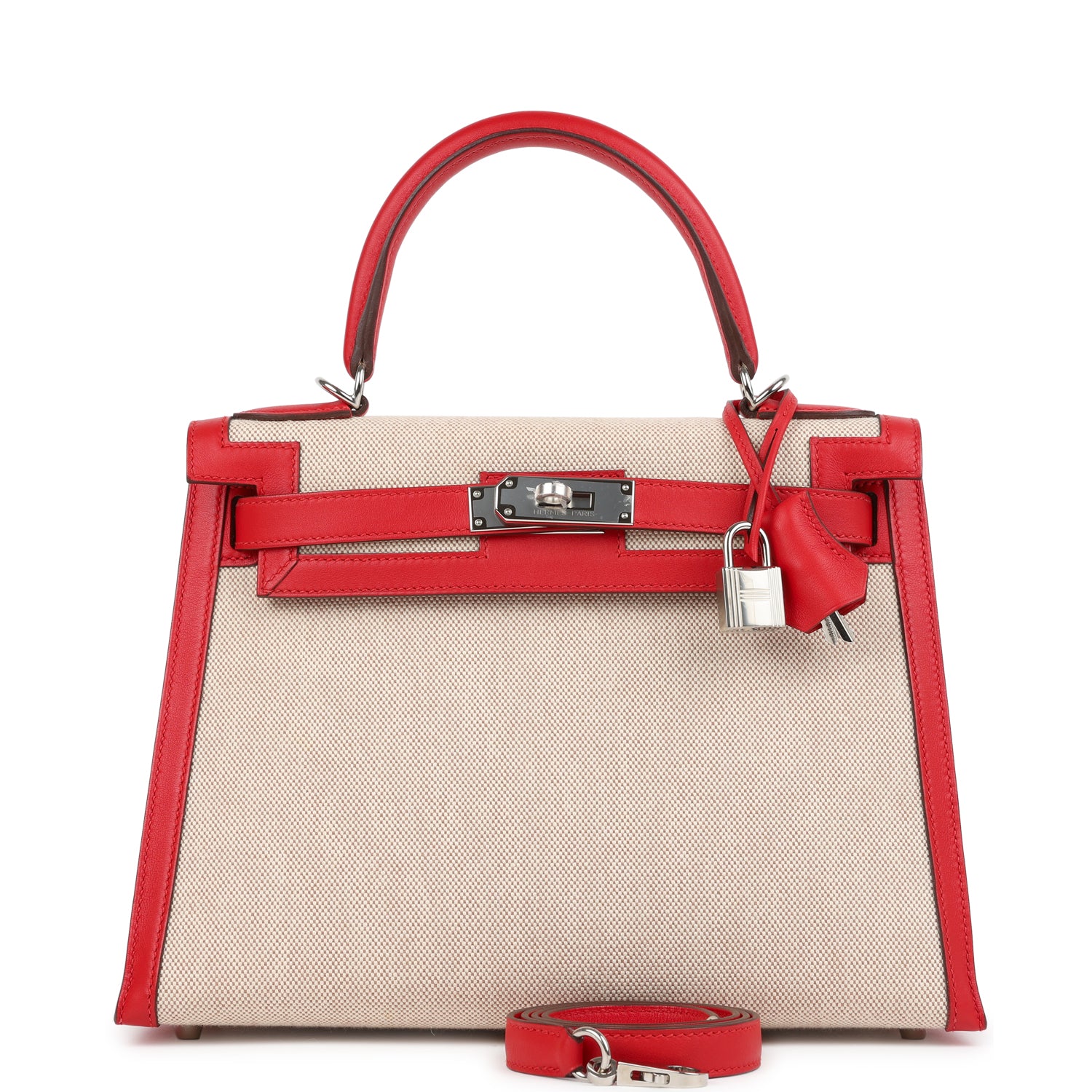 Kelly Sellier 28 Rouge De Coeur Swift and Beige-Ecru Toile H Canvas Palladium Hardware Bag