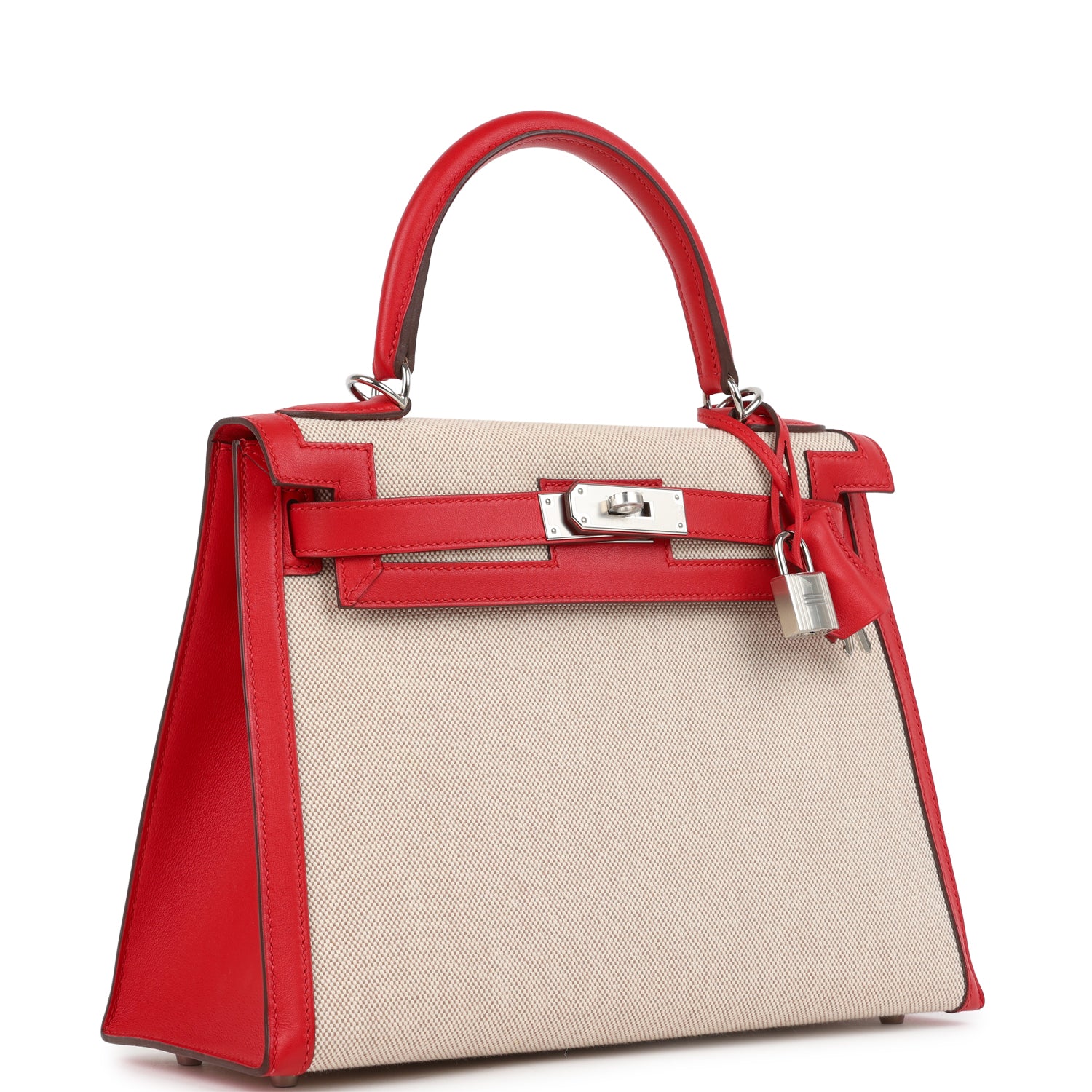 Kelly Sellier 28 Rouge De Coeur Swift and Beige-Ecru Toile H Canvas Palladium Hardware Bag
