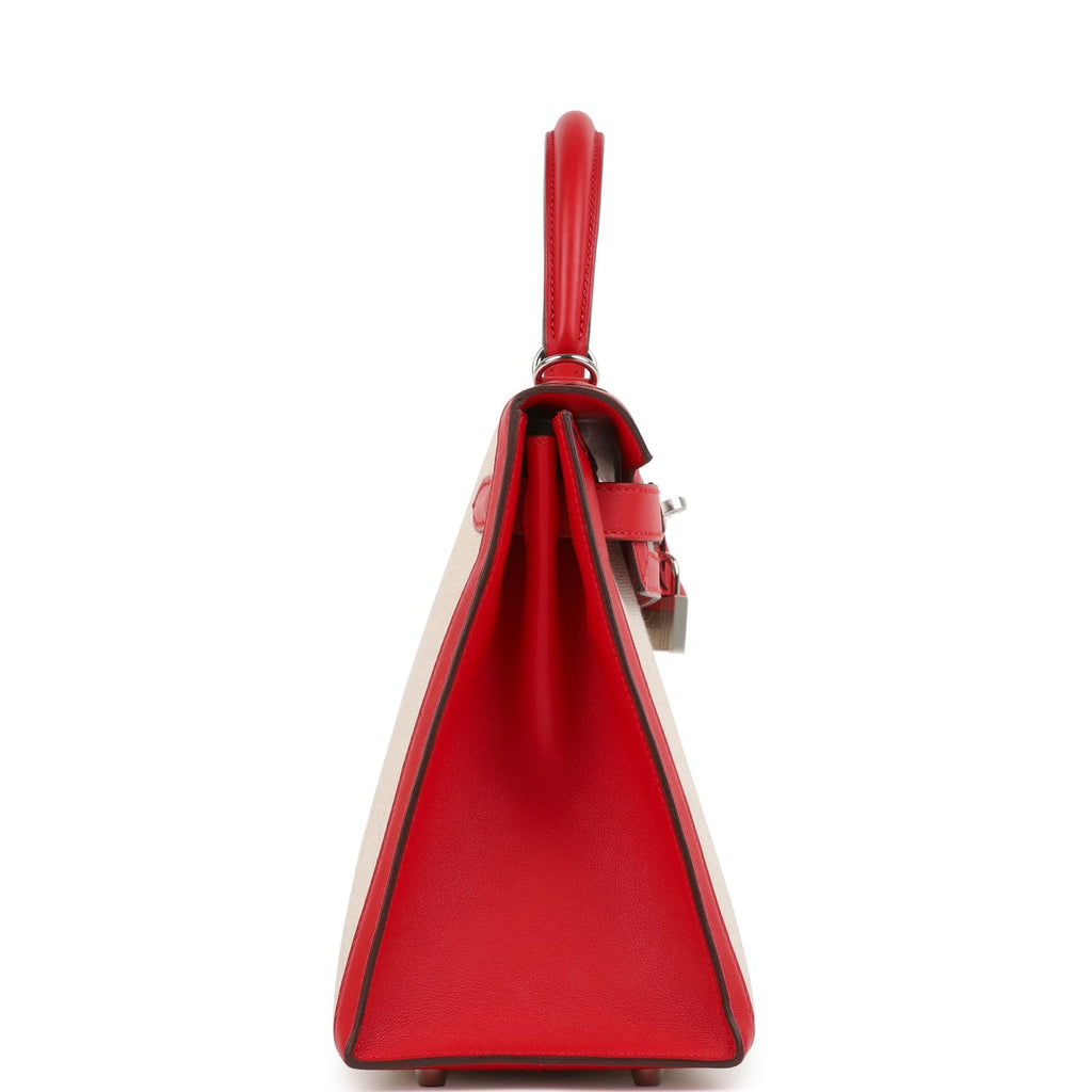 Kelly Sellier 28 Rouge De Coeur Swift and Beige-Ecru Toile H Canvas Palladium Hardware Bag