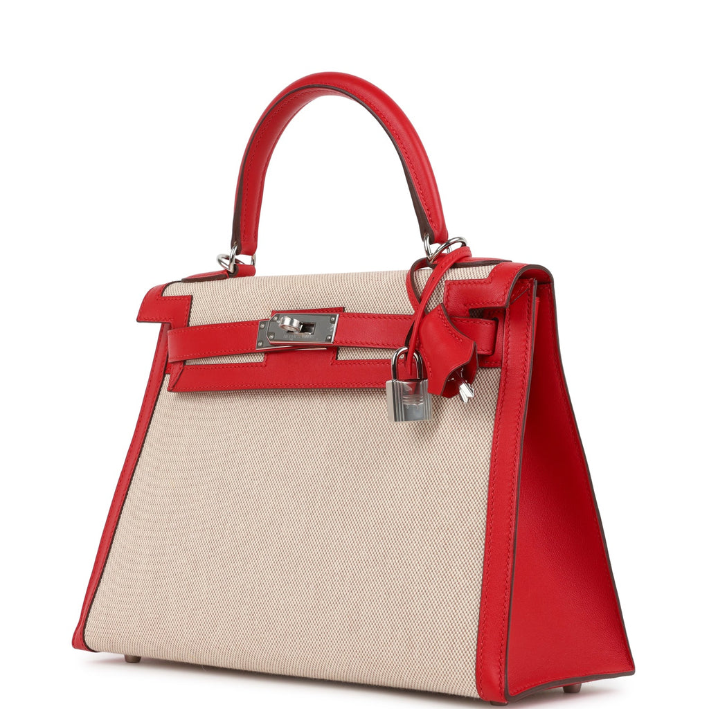 Kelly Sellier 28 Rouge De Coeur Swift and Beige-Ecru Toile H Canvas Palladium Hardware Bag