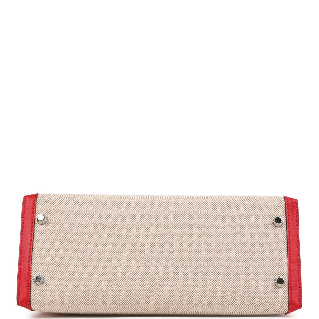 Kelly Sellier 28 Rouge De Coeur Swift and Beige-Ecru Toile H Canvas Palladium Hardware Bag