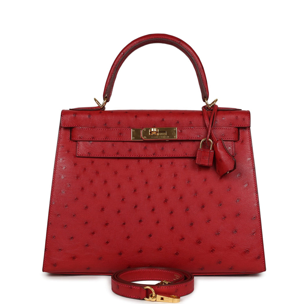Kelly Sellier 28 Rouge Vif Ostrich Gold Hardware Bag