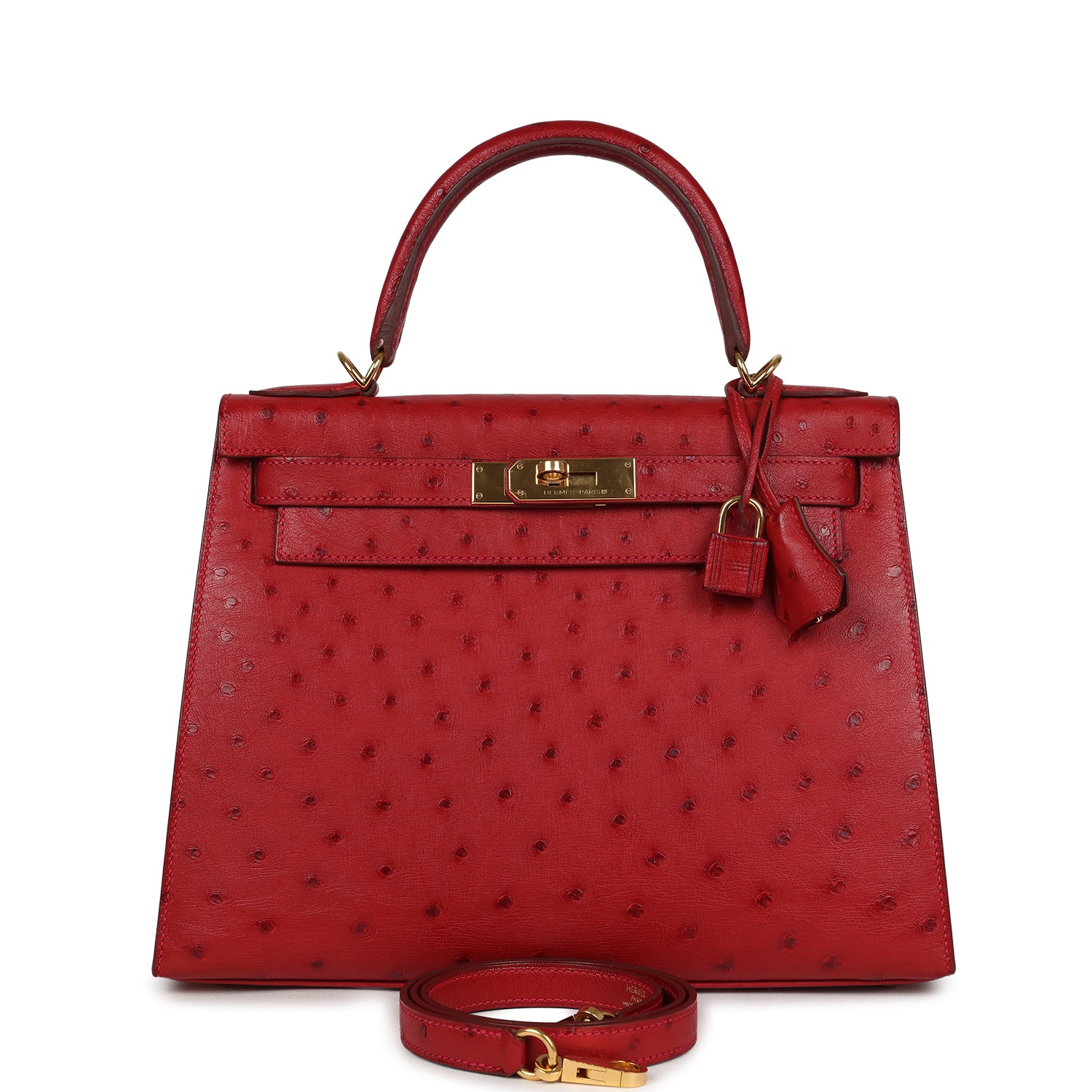 Kelly Sellier 28 Rouge Vif Ostrich Gold Hardware Bag