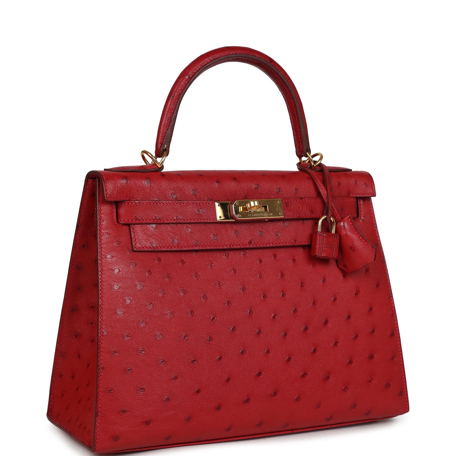 Kelly Sellier 28 Rouge Vif Ostrich Gold Hardware Bag