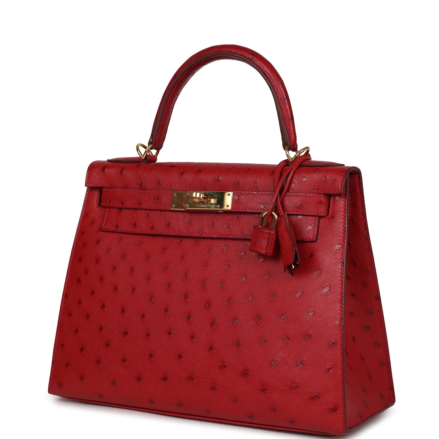 Kelly Sellier 28 Rouge Vif Ostrich Gold Hardware Bag
