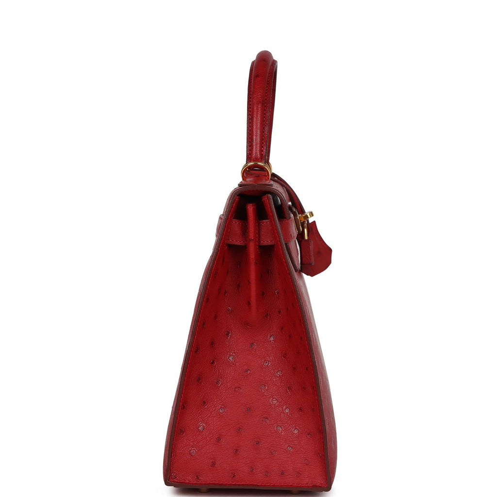Kelly Sellier 28 Rouge Vif Ostrich Gold Hardware Bag