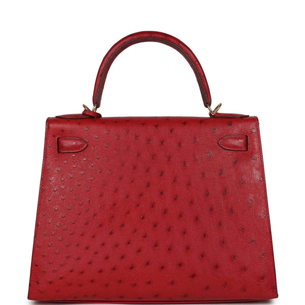 Kelly Sellier 28 Rouge Vif Ostrich Gold Hardware Bag