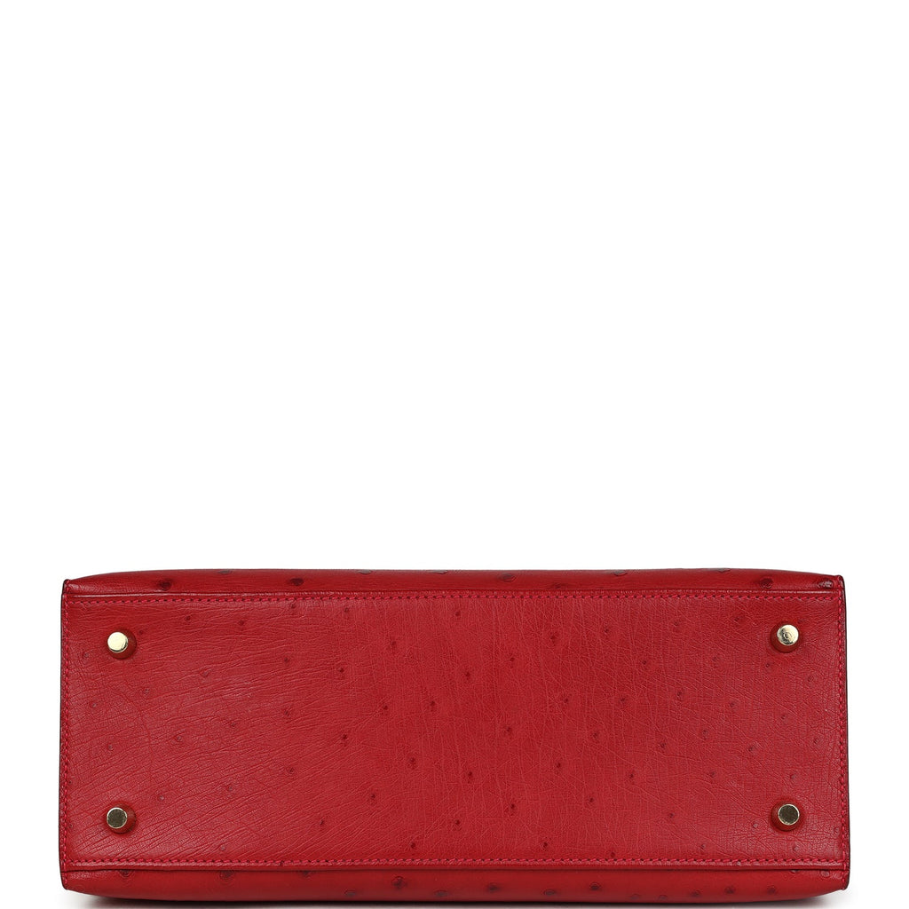 Kelly Sellier 28 Rouge Vif Ostrich Gold Hardware Bag
