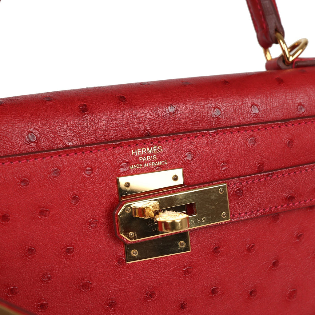 Kelly Sellier 28 Rouge Vif Ostrich Gold Hardware Bag