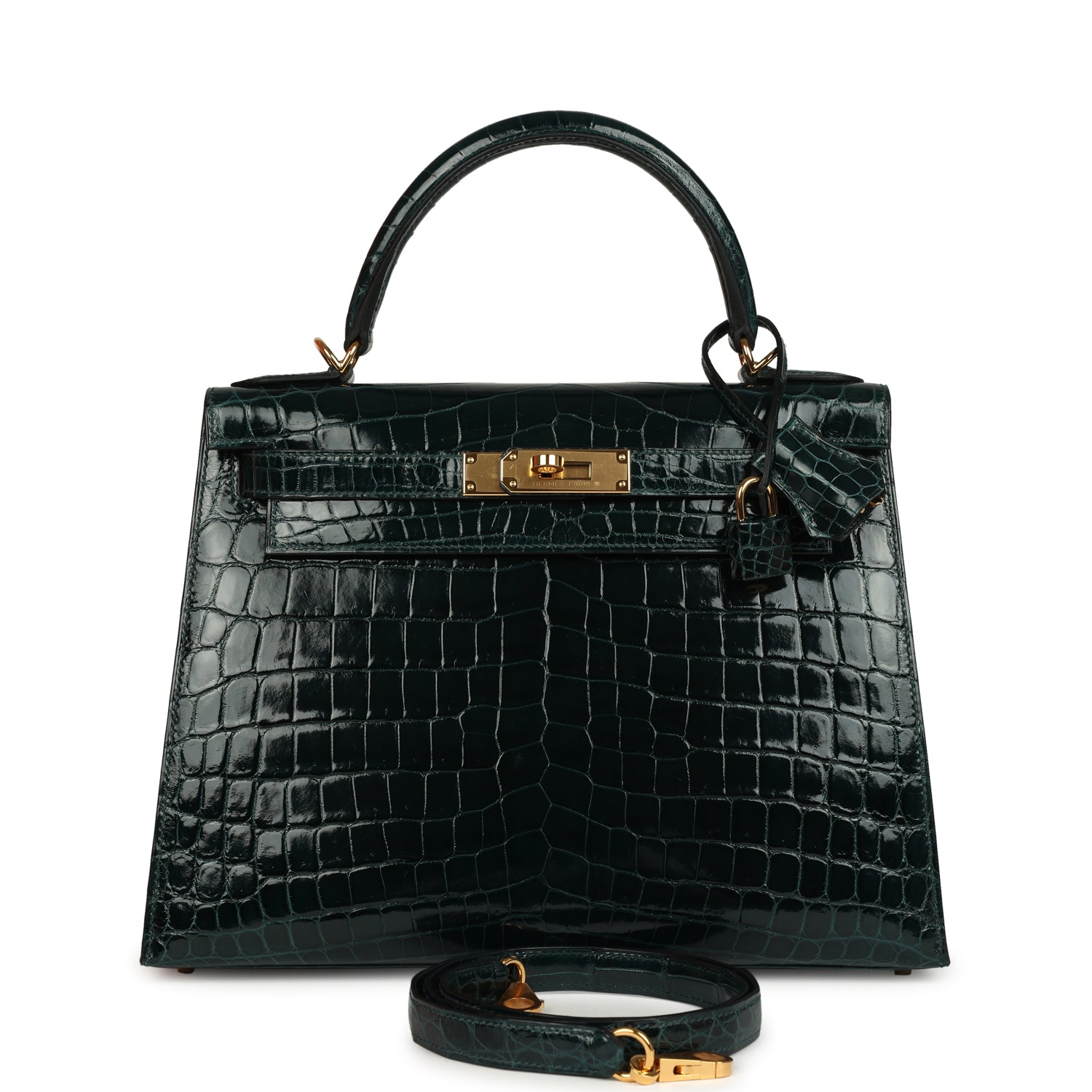 Kelly Sellier 28 Vert Cypres Shiny Niloticus Crocodile Gold Hardware Bag
