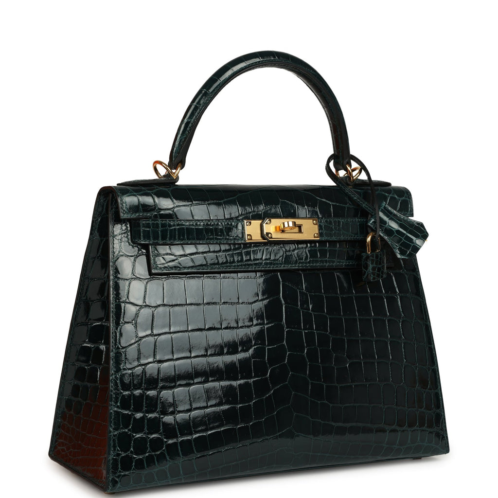 Kelly Sellier 28 Vert Cypres Shiny Niloticus Crocodile Gold Hardware Bag