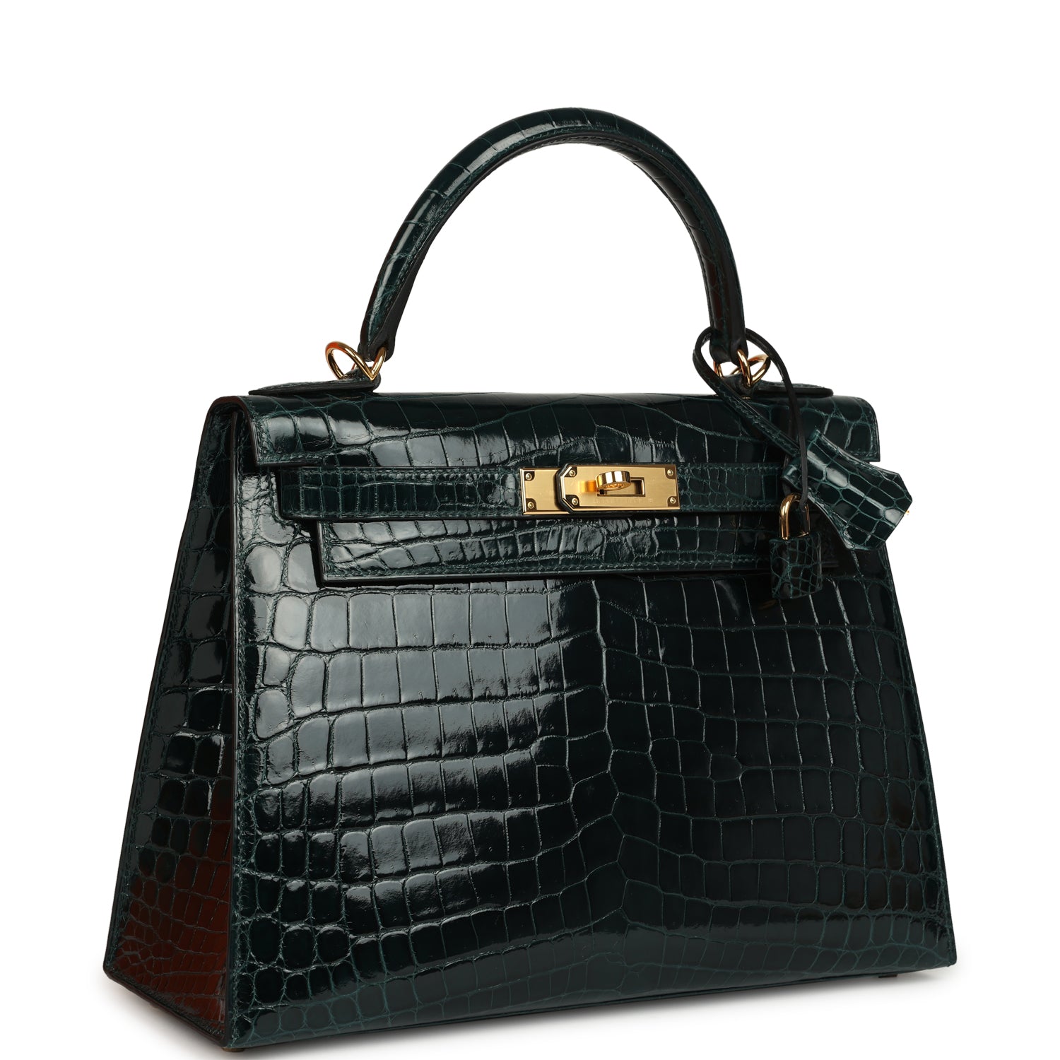 Kelly Sellier 28 Vert Cypres Shiny Niloticus Crocodile Gold Hardware Bag