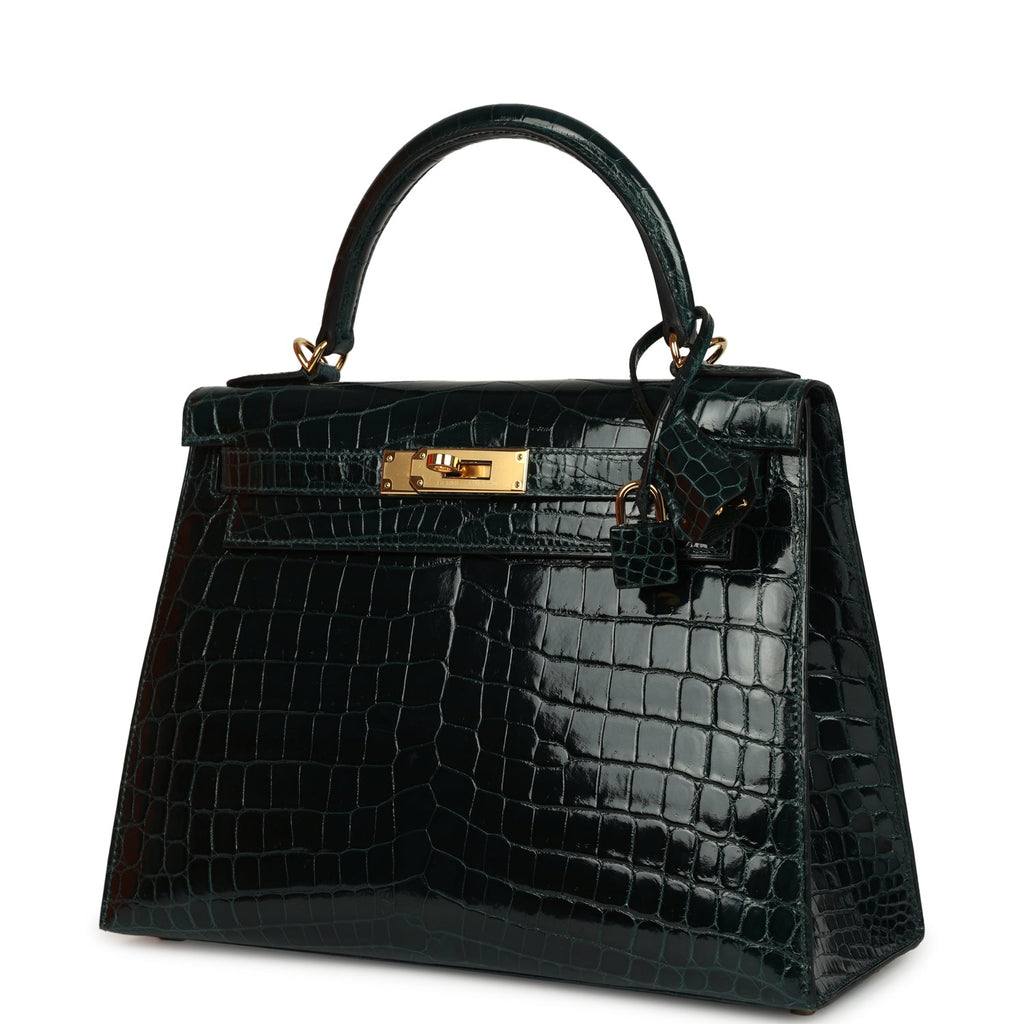 Kelly Sellier 28 Vert Cypres Shiny Niloticus Crocodile Gold Hardware Bag