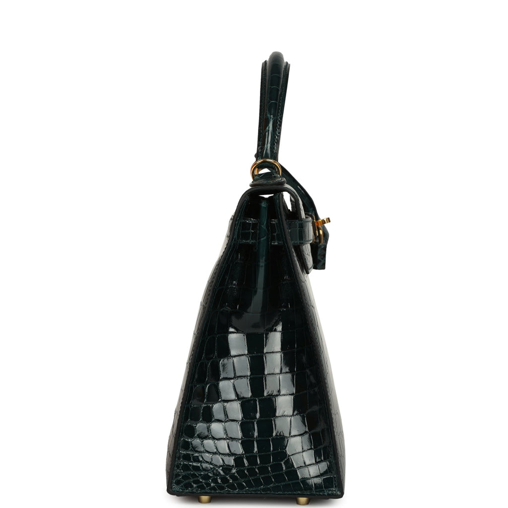 Kelly Sellier 28 Vert Cypres Shiny Niloticus Crocodile Gold Hardware Bag