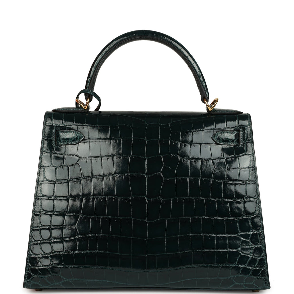 Kelly Sellier 28 Vert Cypres Shiny Niloticus Crocodile Gold Hardware Bag