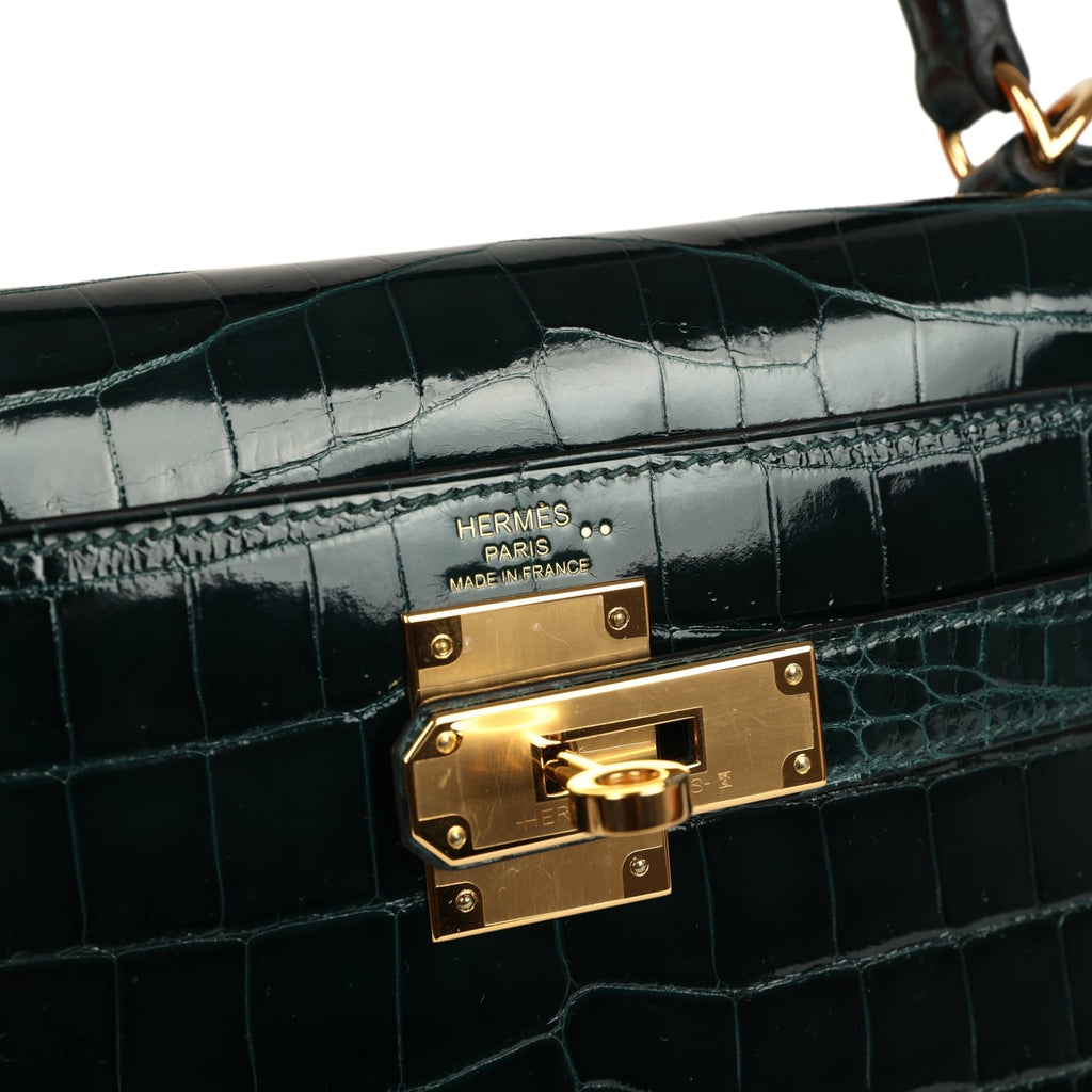 Kelly Sellier 28 Vert Cypres Shiny Niloticus Crocodile Gold Hardware Bag
