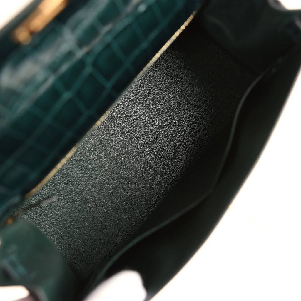 Kelly Sellier 28 Vert Cypres Shiny Niloticus Crocodile Gold Hardware Bag