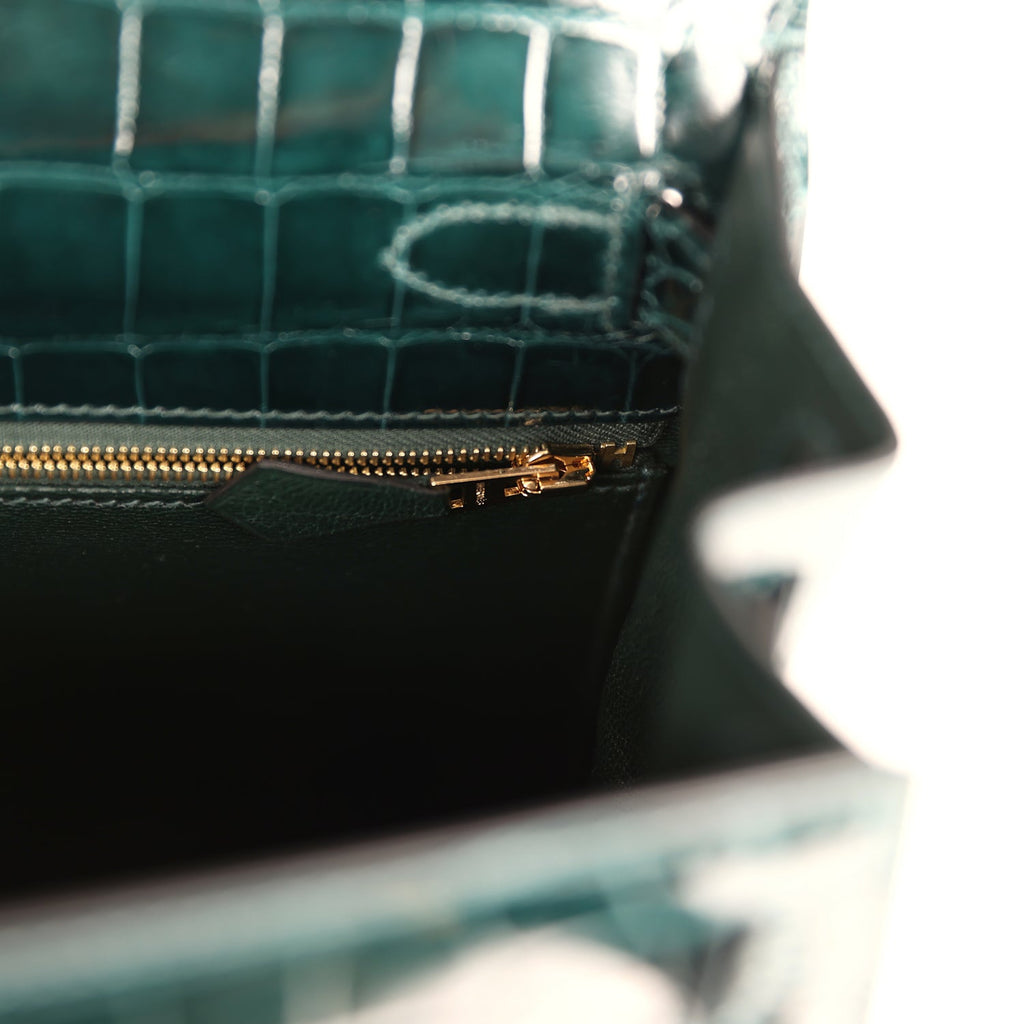 Kelly Sellier 28 Vert Cypres Shiny Niloticus Crocodile Gold Hardware Bag