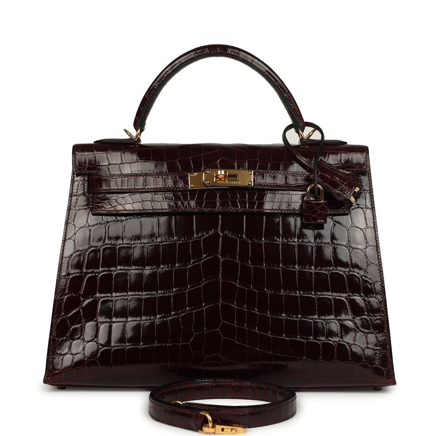 Kelly Sellier 32 Bordeaux Shiny Niloticus Crocodile Gold Hardware Bag