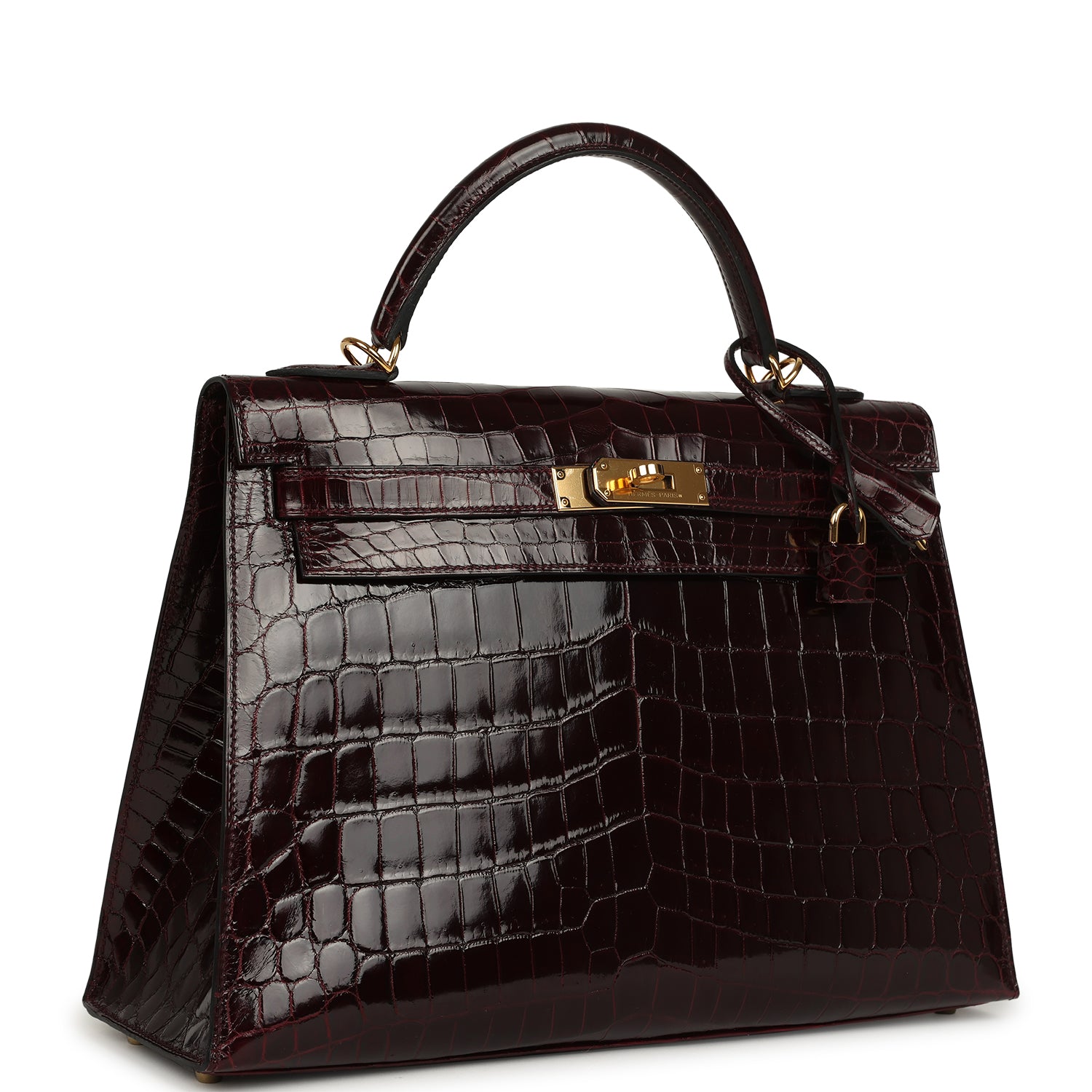 Kelly Sellier 32 Bordeaux Shiny Niloticus Crocodile Gold Hardware Bag