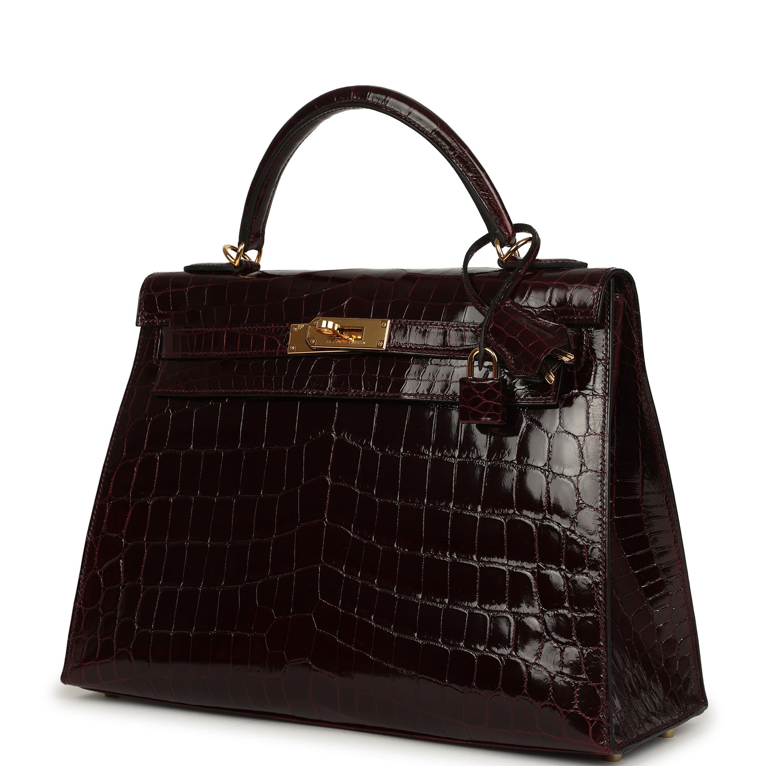 Kelly Sellier 32 Bordeaux Shiny Niloticus Crocodile Gold Hardware Bag