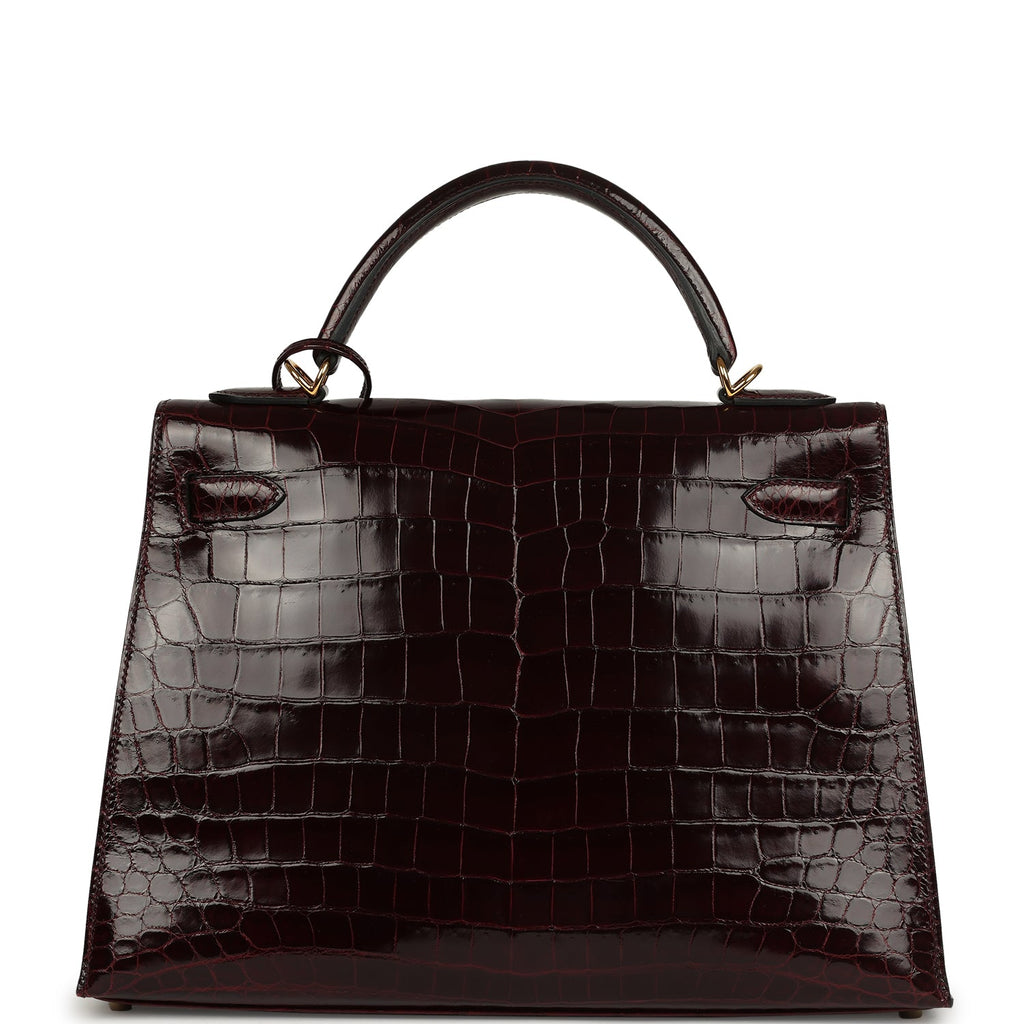 Kelly Sellier 32 Bordeaux Shiny Niloticus Crocodile Gold Hardware Bag